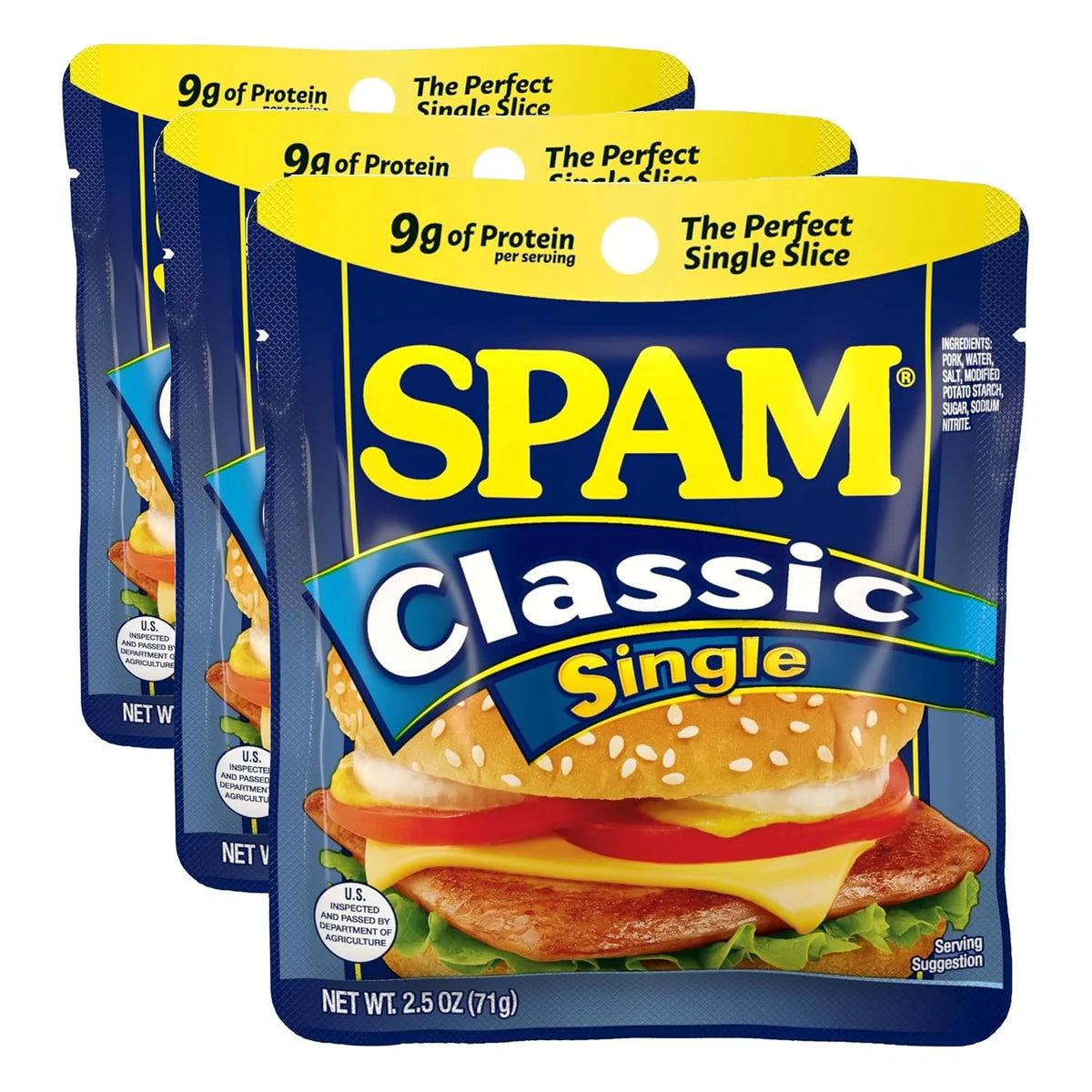 SPAM Classic Singles, Protein Food, Shelf Stable Food, 2.5oz Pouch x12 (Pack of 3)