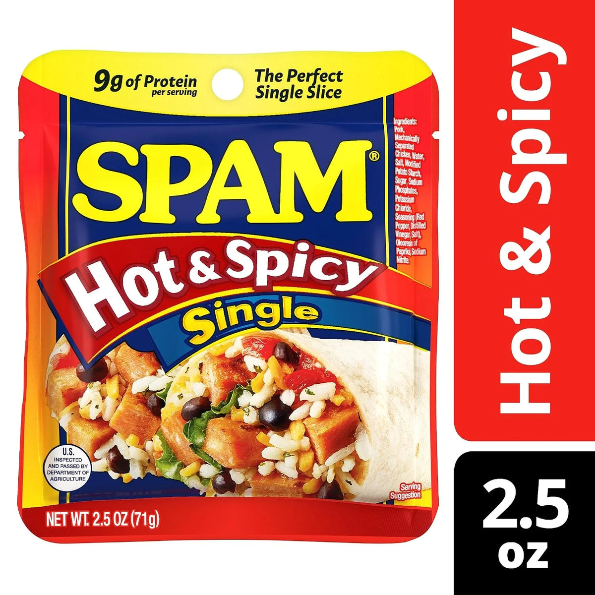 SPAM Hot & Spicy Singles, Protein Food, Shelf Stable Food, 2.5oz Pouch x12