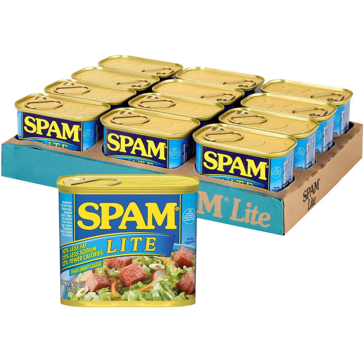 SPAM Lite 25% Less Sodium Canned Meat, Shelf Stable Food, Protein 12oz x12