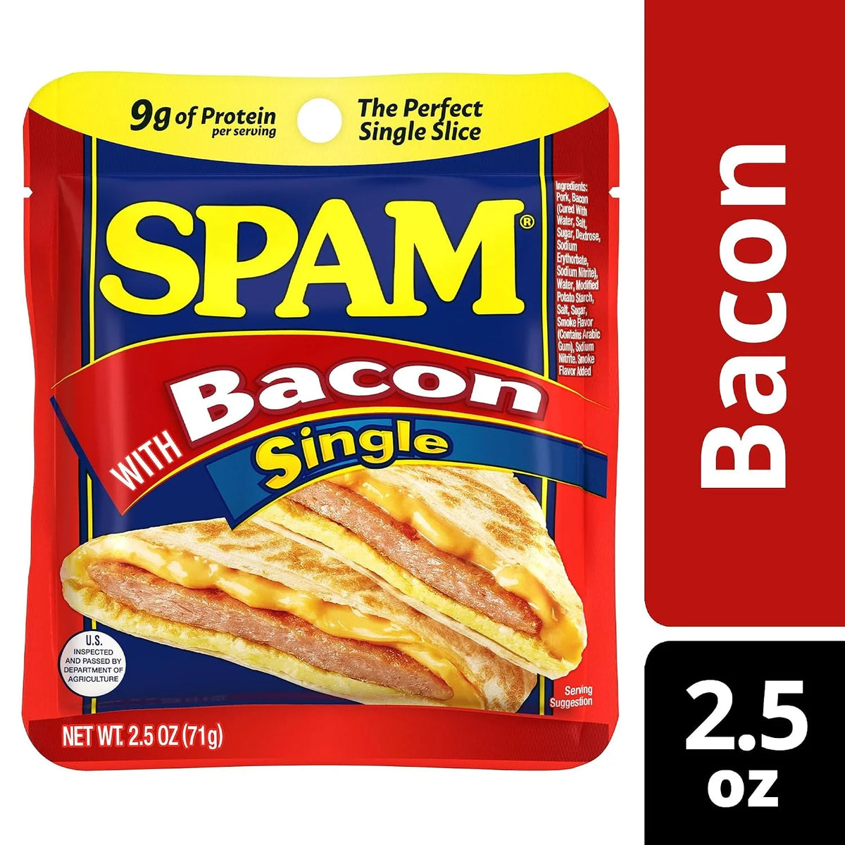 SPAM with Real HORMEL Bacon Singles, Shelf Stable Food, 2.5oz Pouch x12