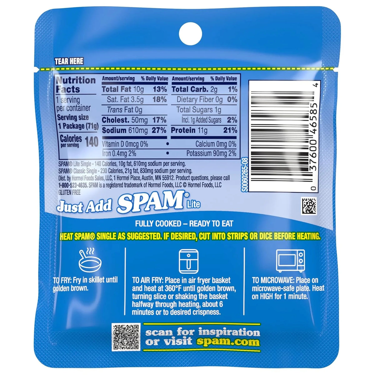 SPAM Lite Singles, Protein, Shelf Stable Food, 2.5oz Pouch x12