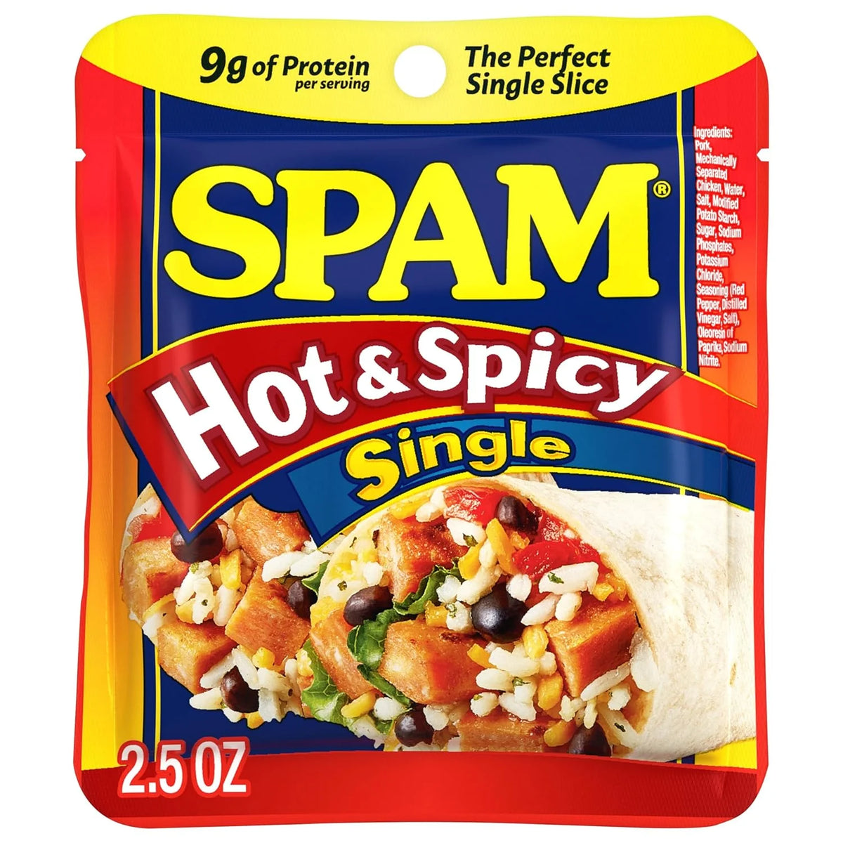 SPAM Hot & Spicy Singles, Protein Food, Shelf Stable Food, 2.5oz Pouch x12